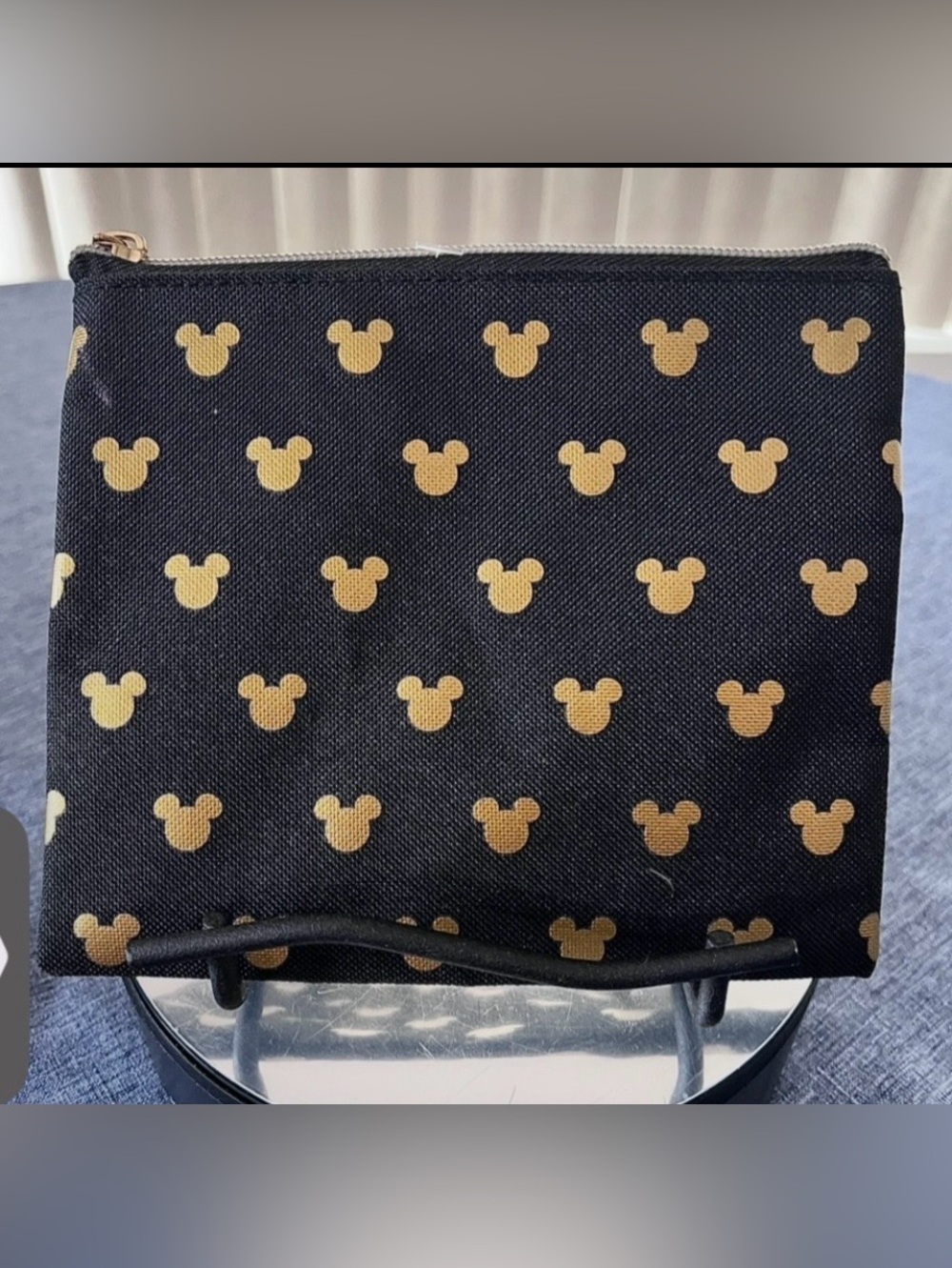 DISNEY MICKEY MOUSE Gold on Black Zipper Pouch Cosmetic Bag NWOT